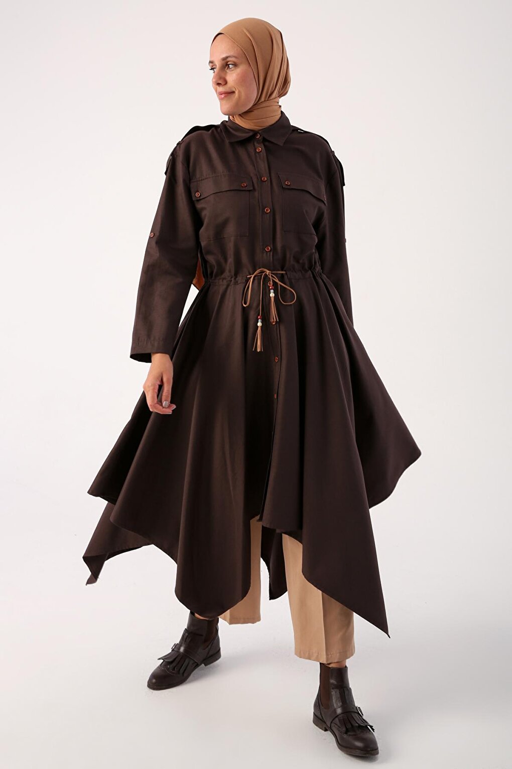 Bitter Brown Asymmetrical Skirt and Epaulette Shirt Tunic