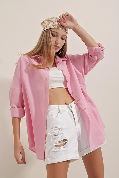 Women's Candy Pink Plain Plain Araboy Basic Oversize Shirt