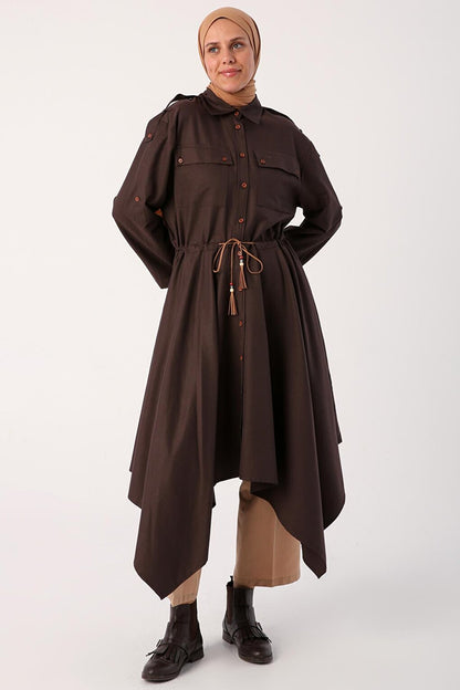 Bitter Brown Asymmetrical Skirt and Epaulette Shirt Tunic