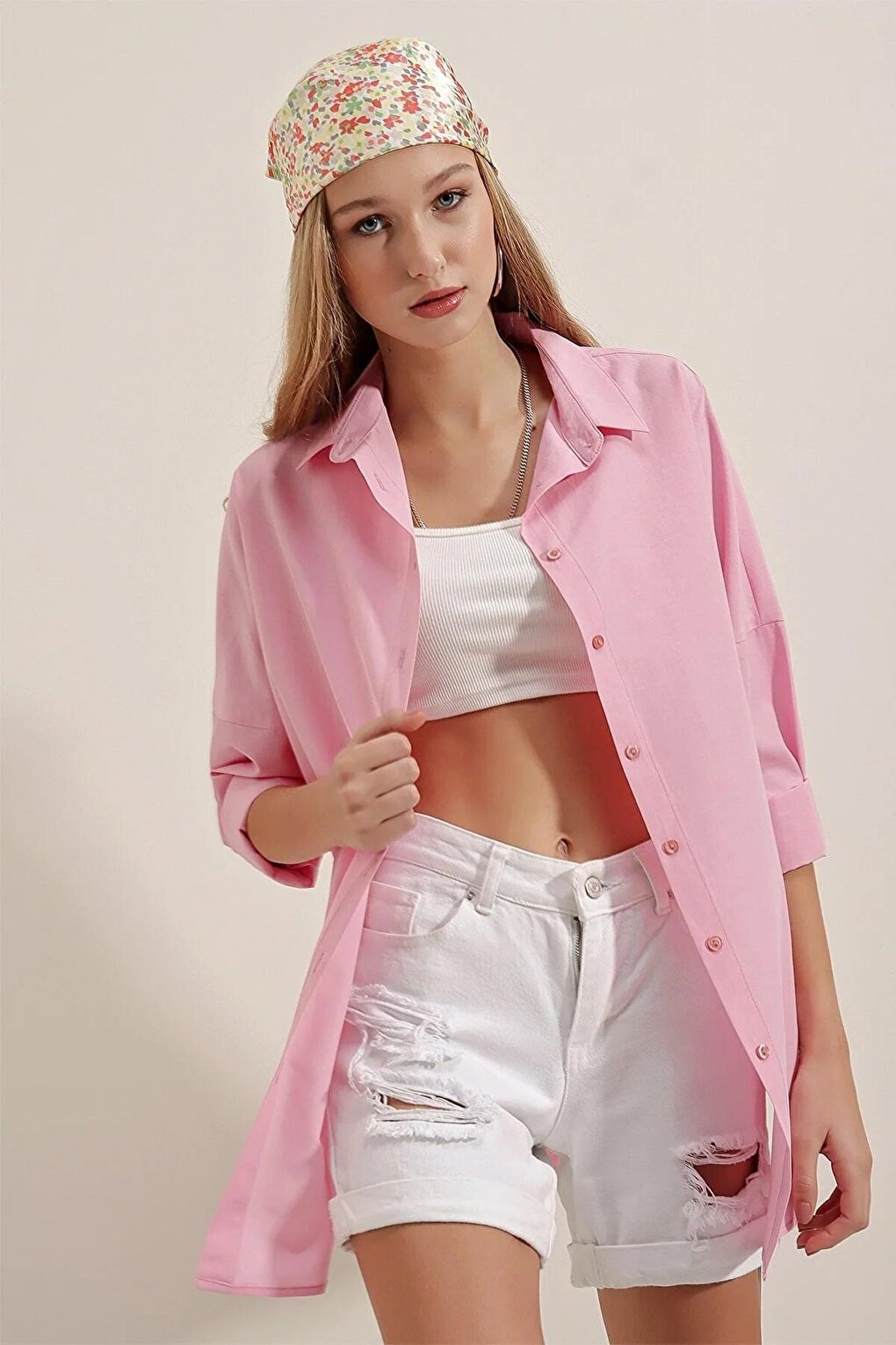 Women's Candy Pink Plain Plain Araboy Basic Oversize Shirt