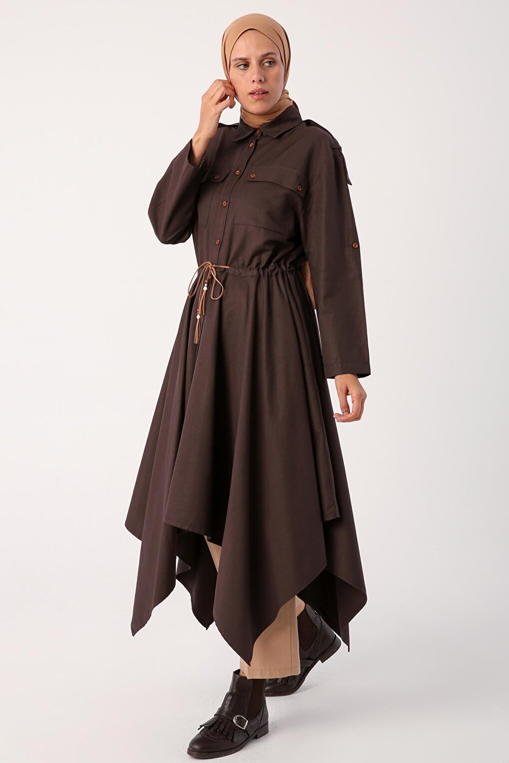 Bitter Brown Asymmetrical Skirt and Epaulette Shirt Tunic