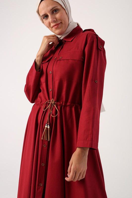 Dark Claret Red Asymmetric Skirt Shirt Tunic with Epaulettes