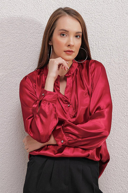 0447 Magnificent Collar Satin Blouse - Claret Red