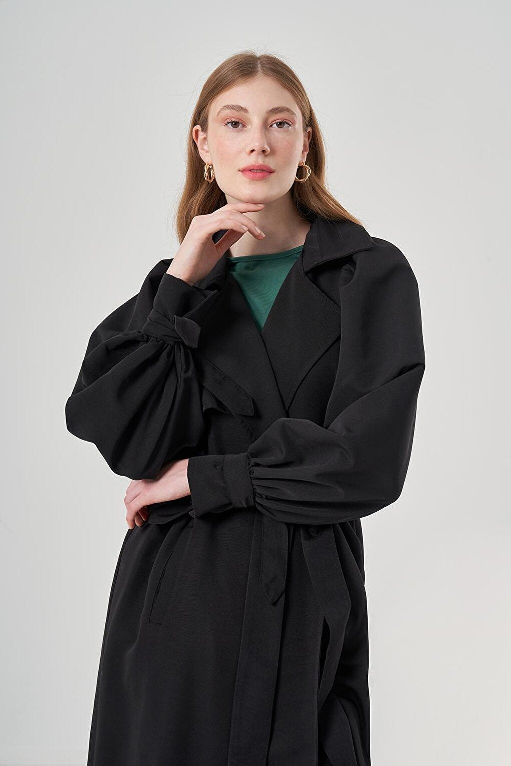 Basic Black Trench Coat with Balloon Sleeves