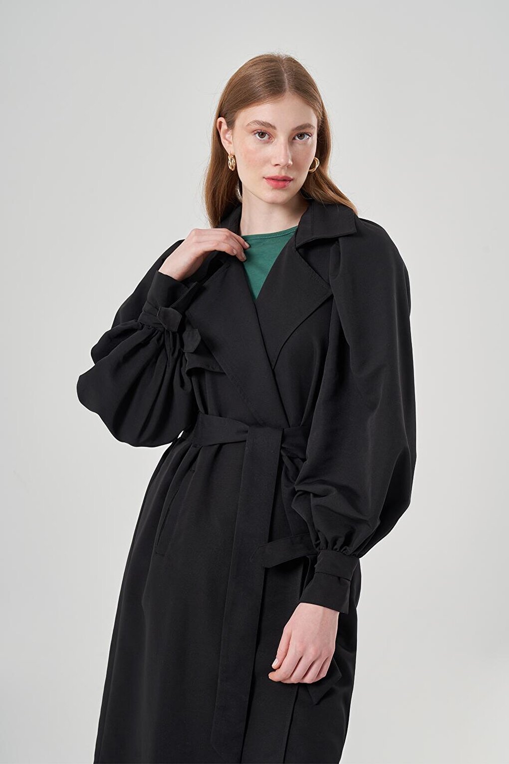 Basic Black Trench Coat with Balloon Sleeves