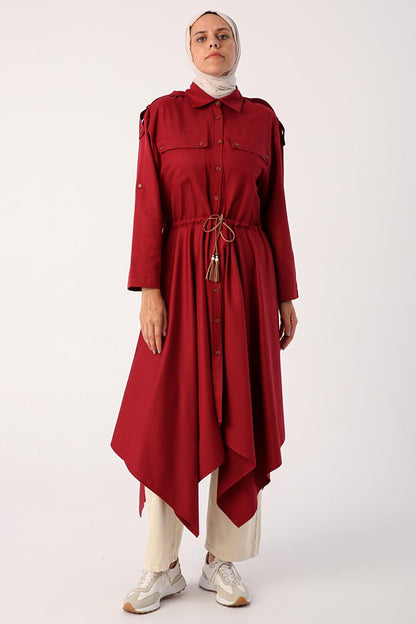 Dark Claret Red Asymmetric Skirt Shirt Tunic with Epaulettes