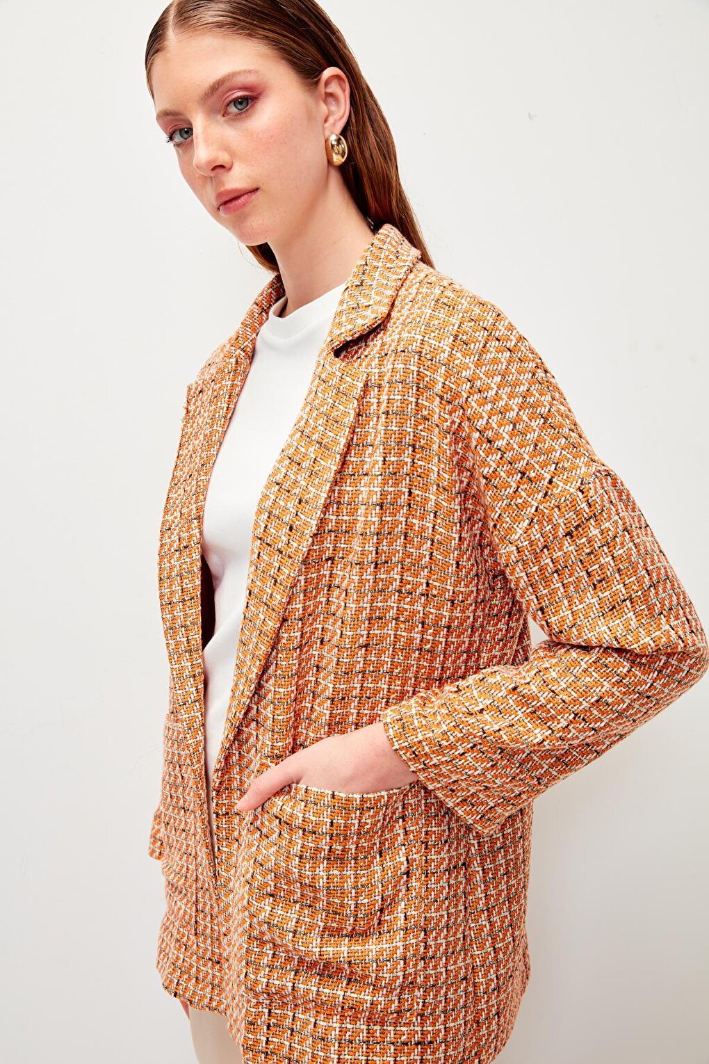 Orange Tweed Relaxed Fit Jacket