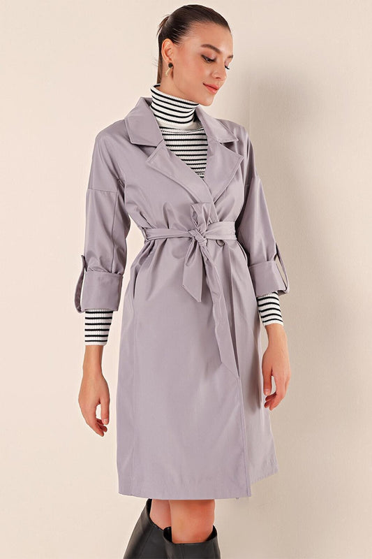 9104 Double Breasted Collar Lined Trench Coat - Gray