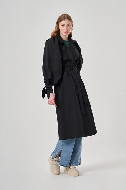 Basic Black Trench Coat with Balloon Sleeves