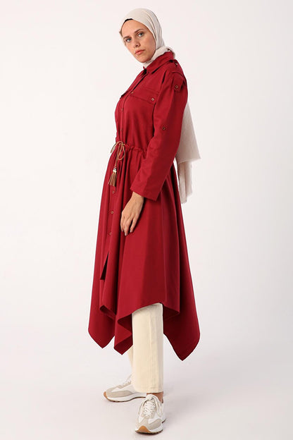 Dark Claret Red Asymmetric Skirt Shirt Tunic with Epaulettes