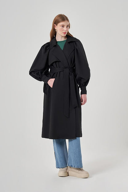 Basic Black Trench Coat with Balloon Sleeves