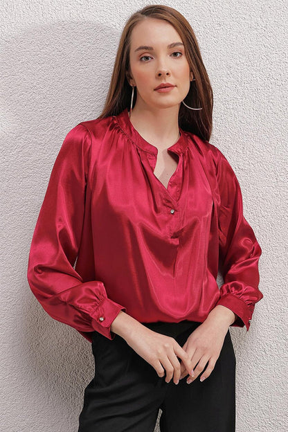 0447 Magnificent Collar Satin Blouse - Claret Red