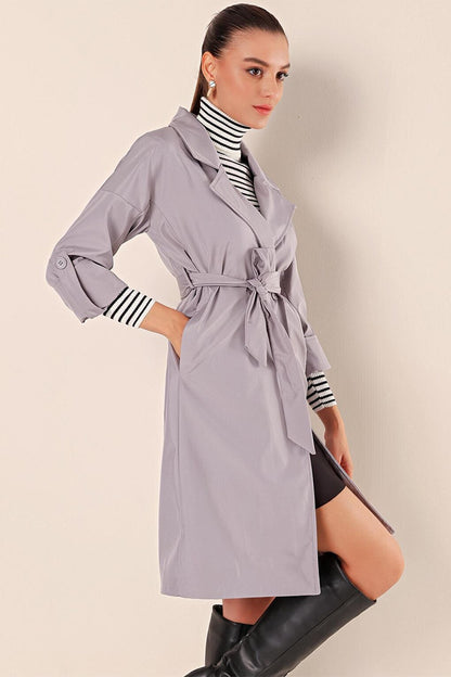 9104 Double Breasted Collar Lined Trench Coat - Gray