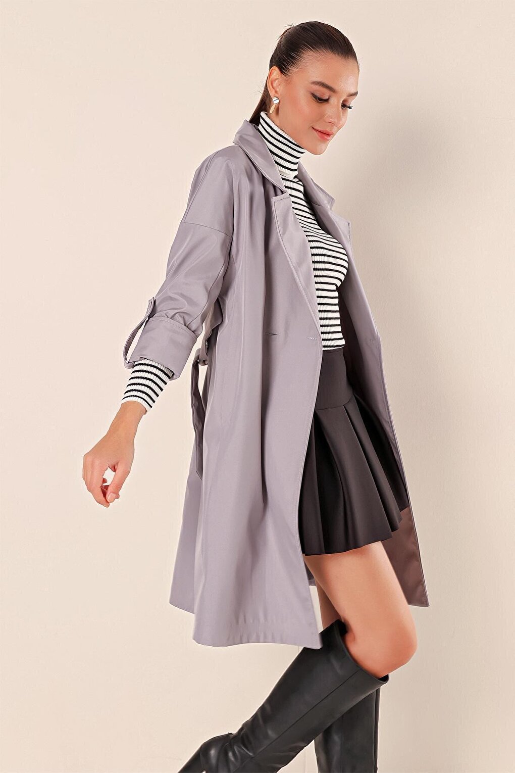 9104 Double Breasted Collar Lined Trench Coat - Gray