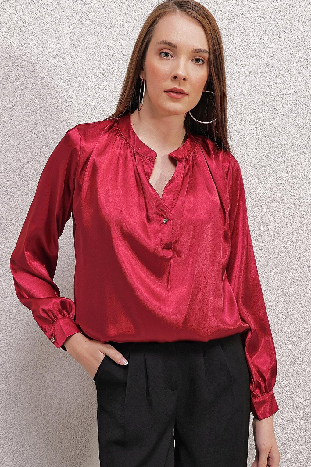 0447 Magnificent Collar Satin Blouse - Claret Red