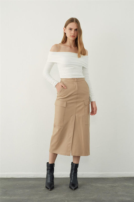 Ecru Leather Look Midi Skirt with Pocket Detail