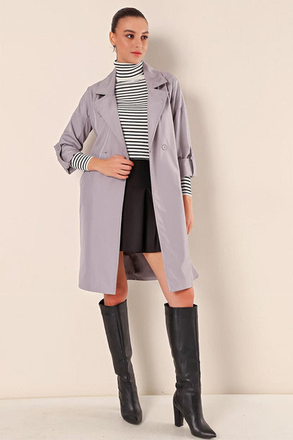 9104 Double Breasted Collar Lined Trench Coat - Gray