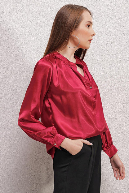 0447 Magnificent Collar Satin Blouse - Claret Red