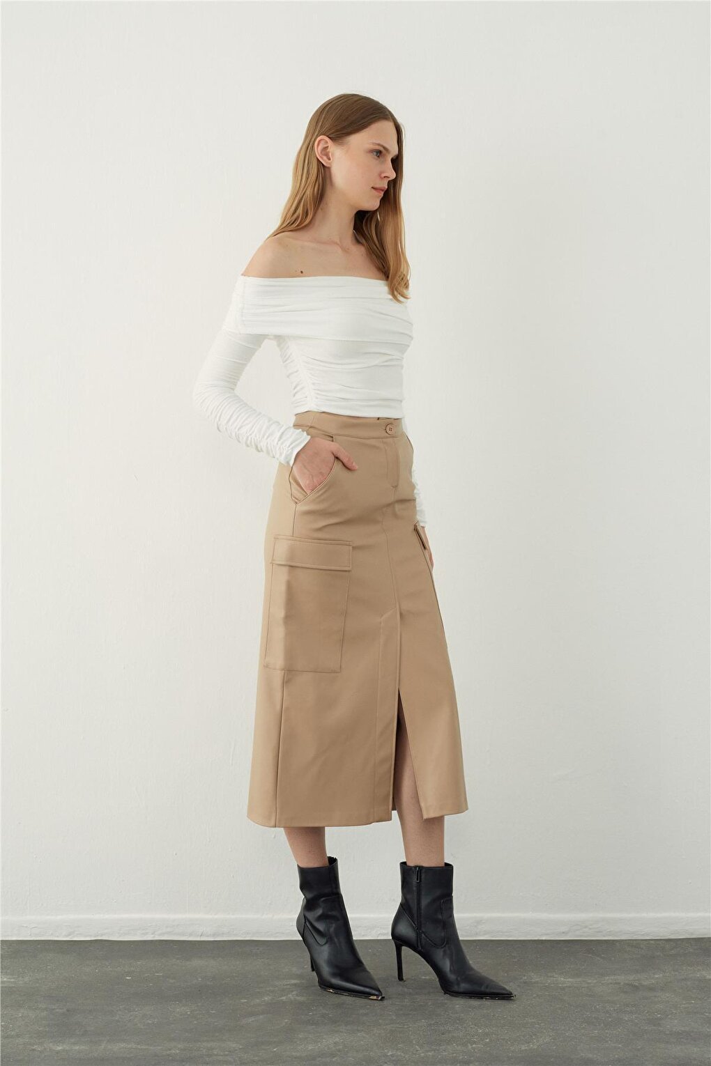 Ecru Leather Look Midi Skirt with Pocket Detail