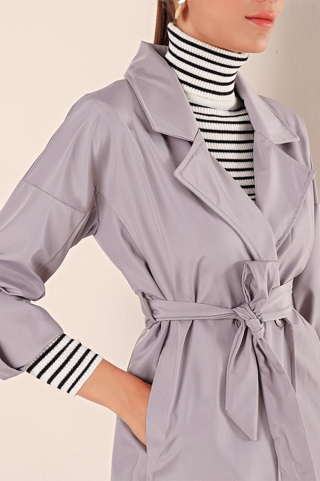 9104 Double Breasted Collar Lined Trench Coat - Gray