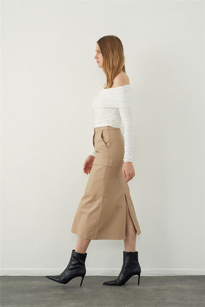 Ecru Leather Look Midi Skirt with Pocket Detail