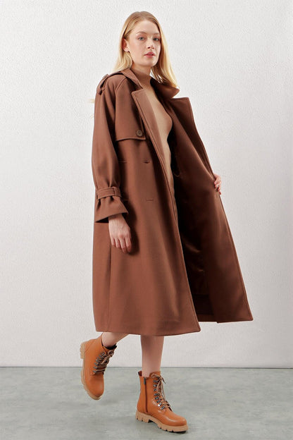 Women's Brown Double Buttoned Epaulettes Pocketed Long Cashmere Coat