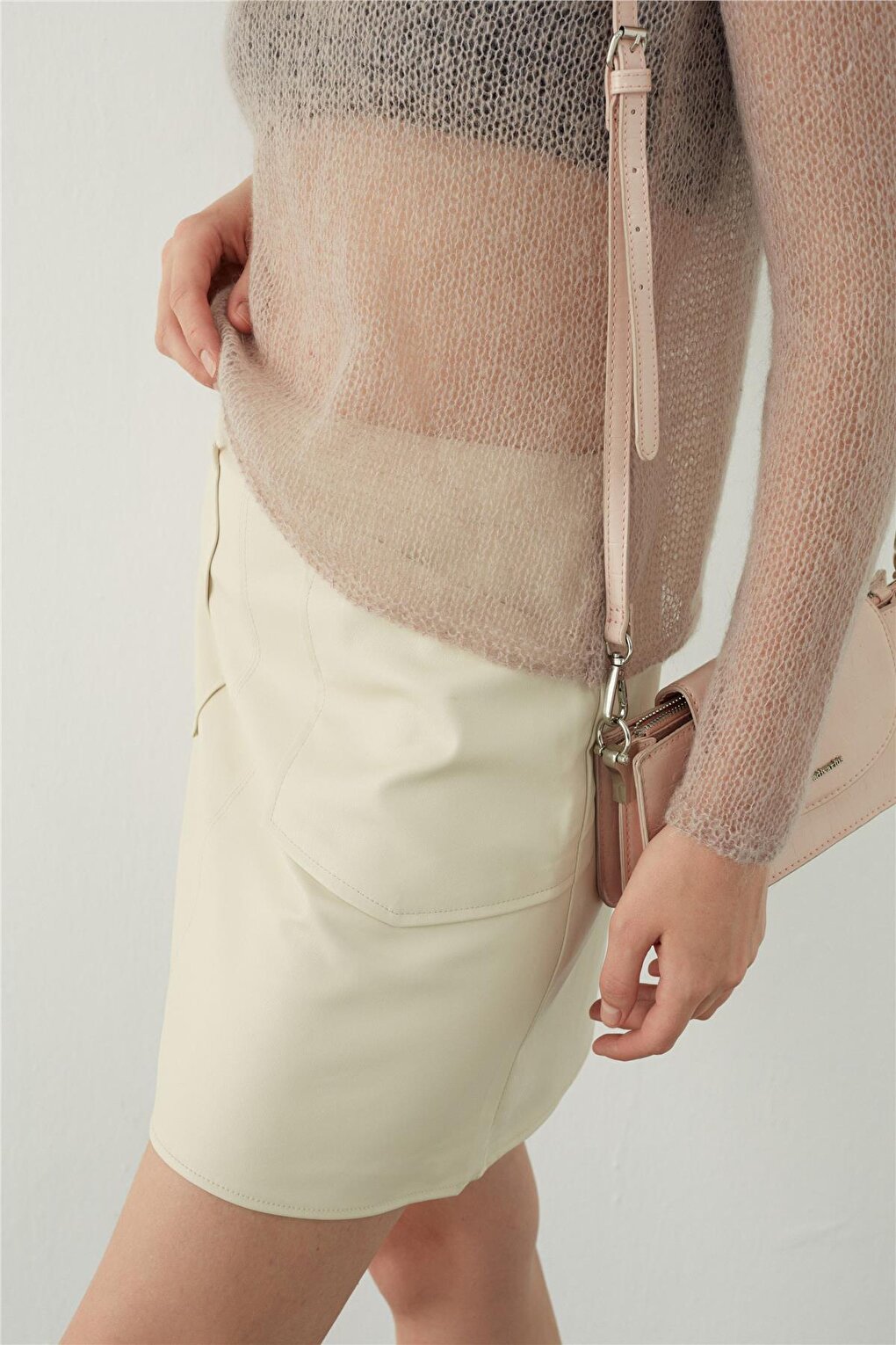 Ecru Pocket Detailed Leather Look Mini Skirt