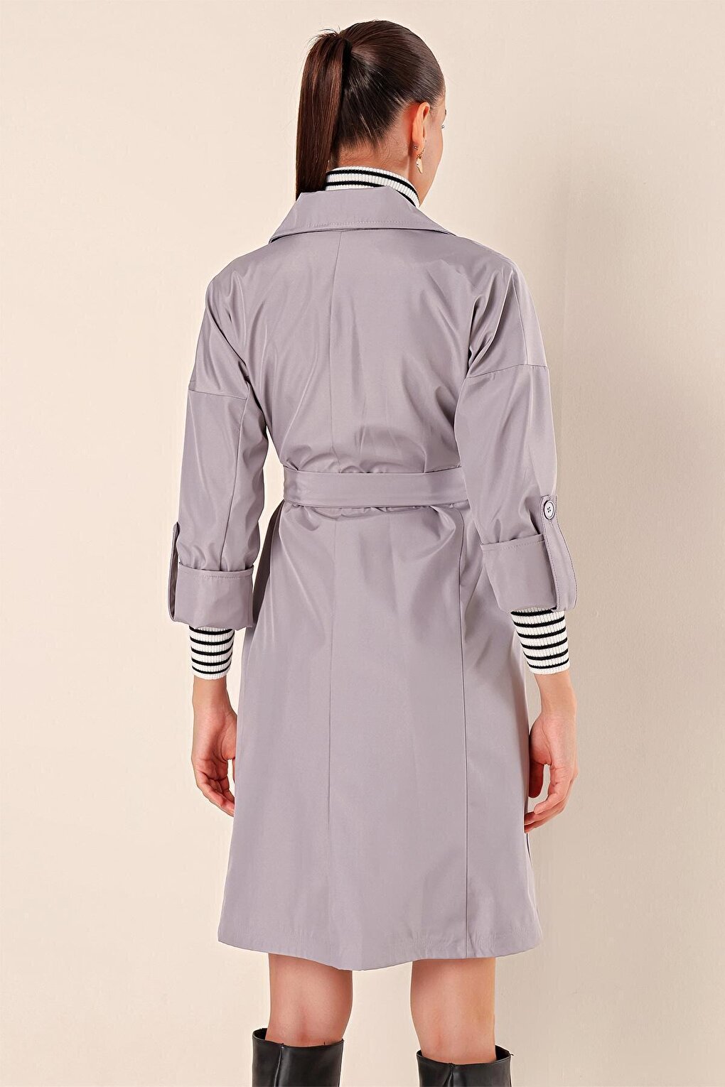 9104 Double Breasted Collar Lined Trench Coat - Gray