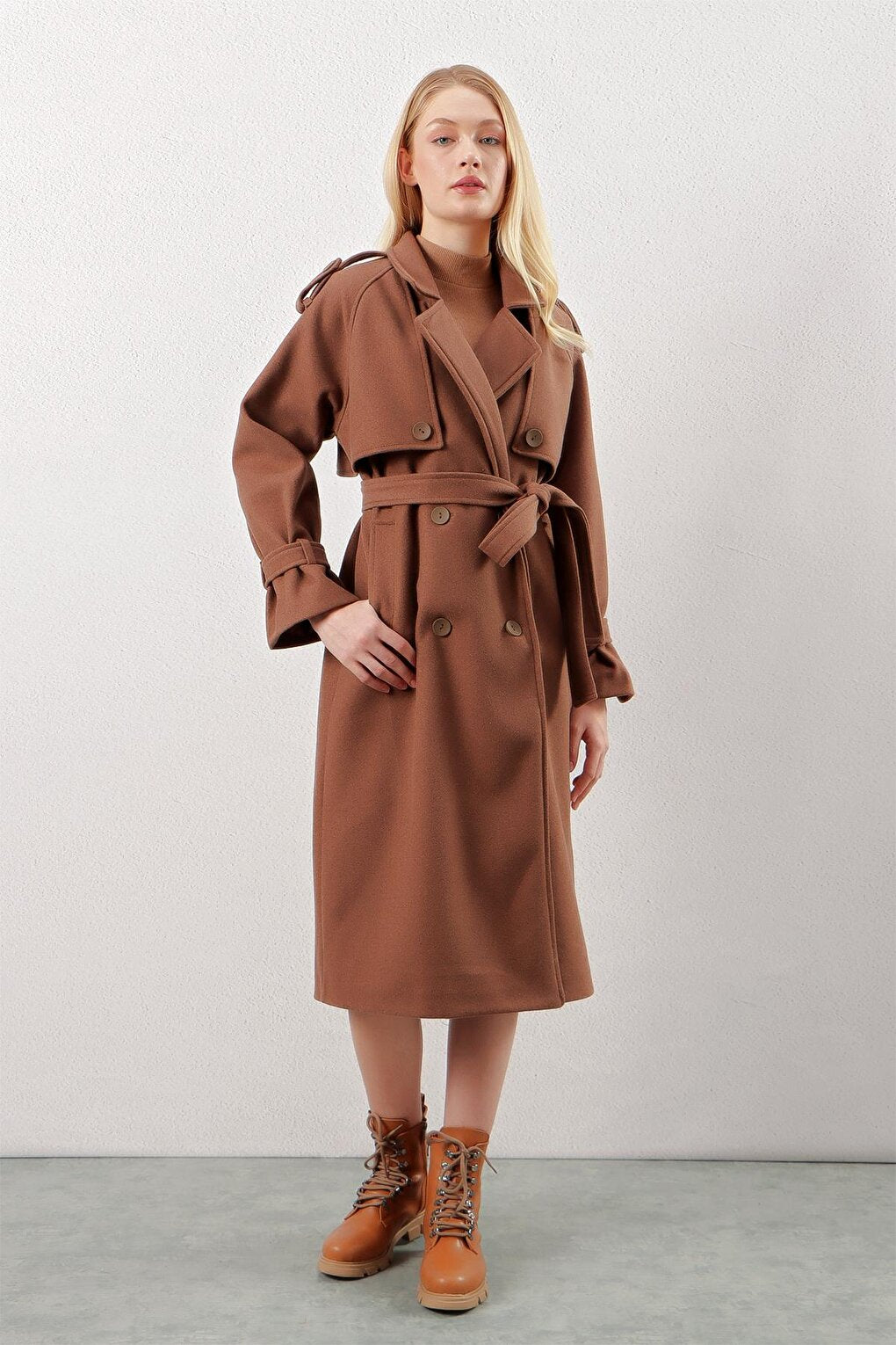 Women's Brown Double Buttoned Epaulettes Pocketed Long Cashmere Coat