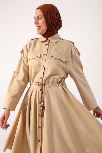 Beige Asymmetrical Skirt and Epaulette Shirt Tunic