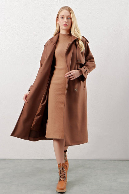 Women's Brown Double Buttoned Epaulettes Pocketed Long Cashmere Coat