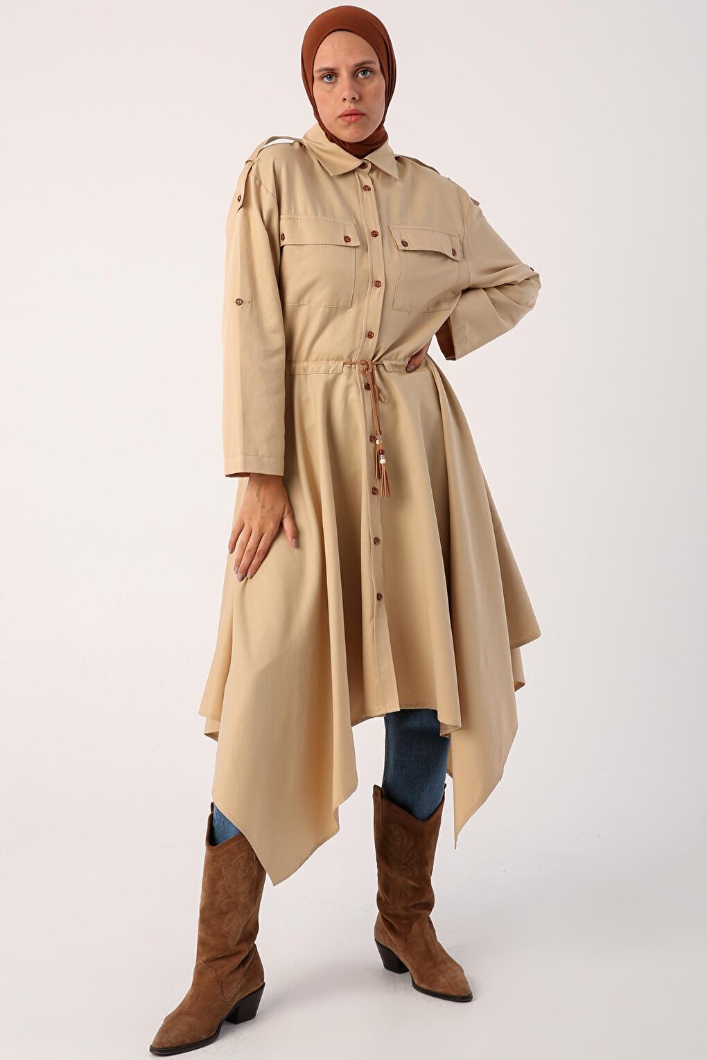 Beige Asymmetrical Skirt and Epaulette Shirt Tunic