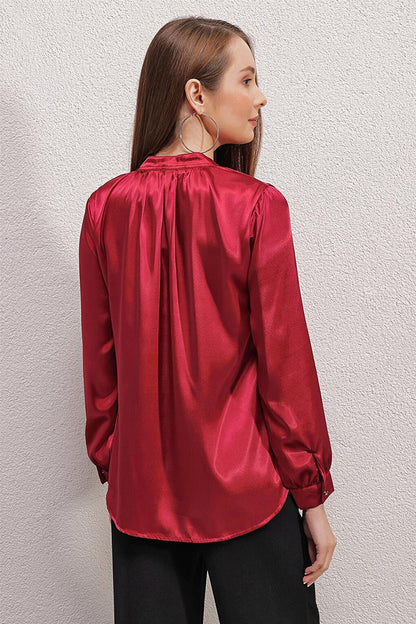 0447 Magnificent Collar Satin Blouse - Claret Red