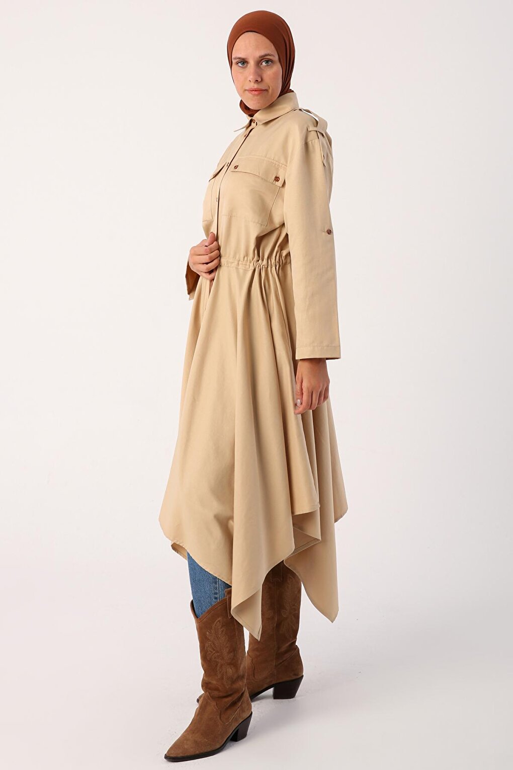 Beige Asymmetrical Skirt and Epaulette Shirt Tunic