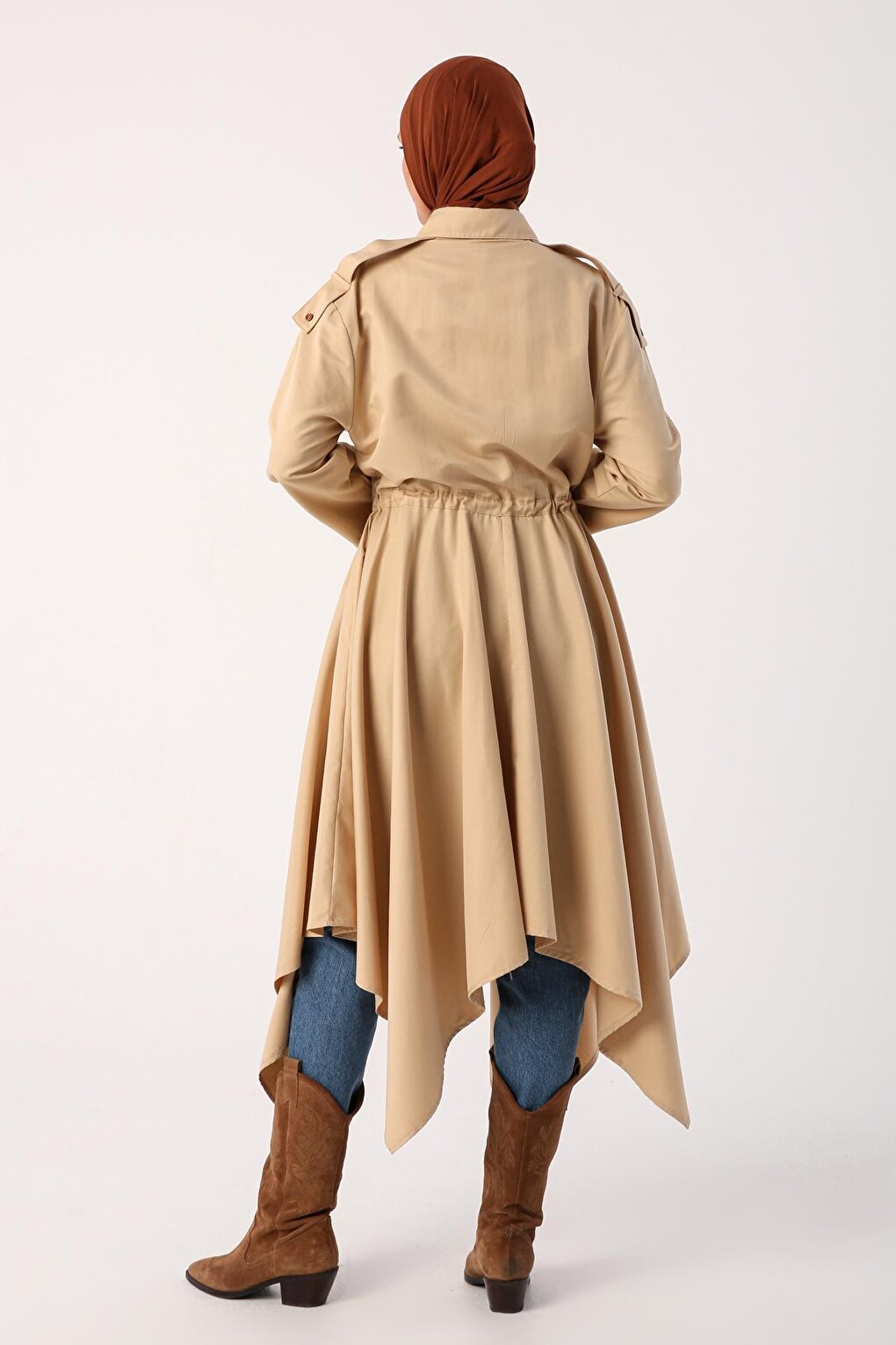 Beige Asymmetrical Skirt and Epaulette Shirt Tunic