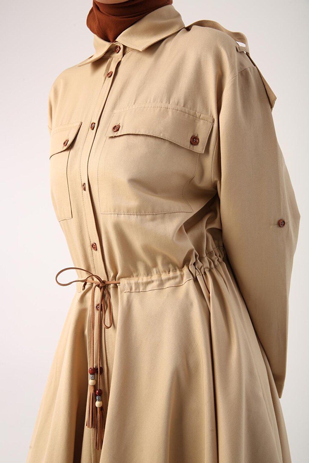 Beige Asymmetrical Skirt and Epaulette Shirt Tunic