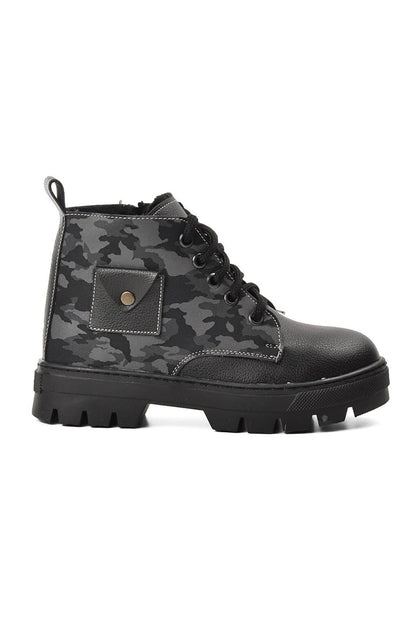 Arz 2301003-F Black-Grey Camouflage Shearling Children's Boots