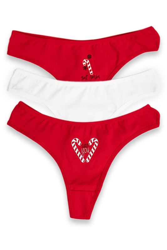 Red Heart Walking Stick 3-Piece New Year's Thong Panties