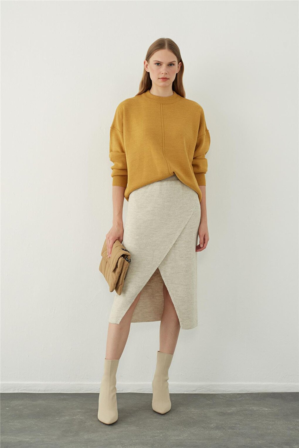 Beige Asymmetrical Slit Midi Knitwear Skirt