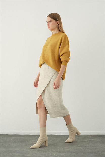 Beige Asymmetrical Slit Midi Knitwear Skirt