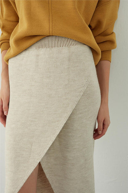 Beige Asymmetrical Slit Midi Knitwear Skirt