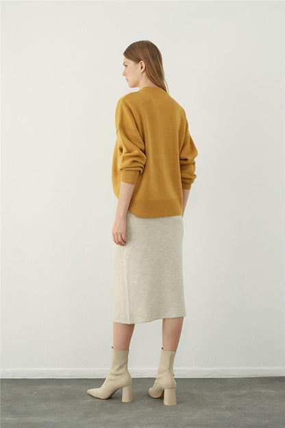 Beige Asymmetrical Slit Midi Knitwear Skirt