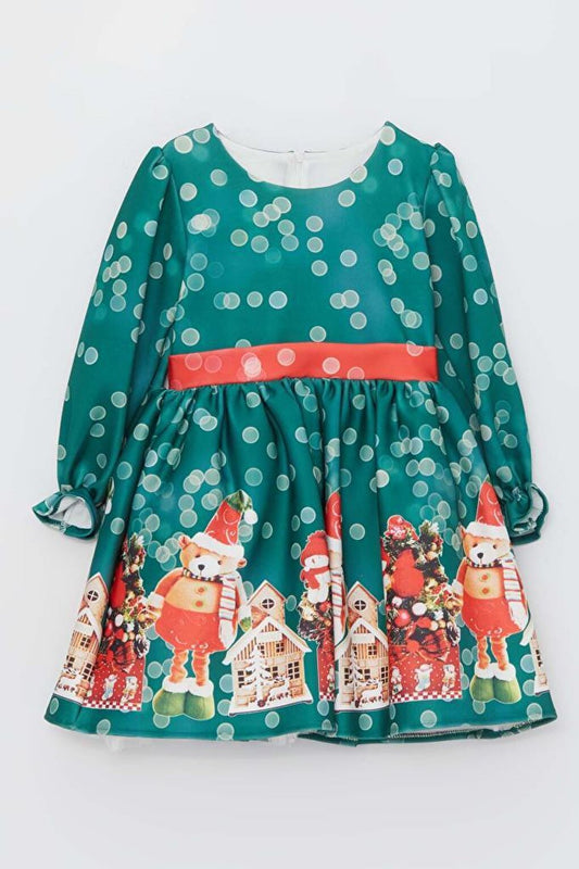 Girl's Polka Dot Teddy Bear Christmas Printed Green Dress