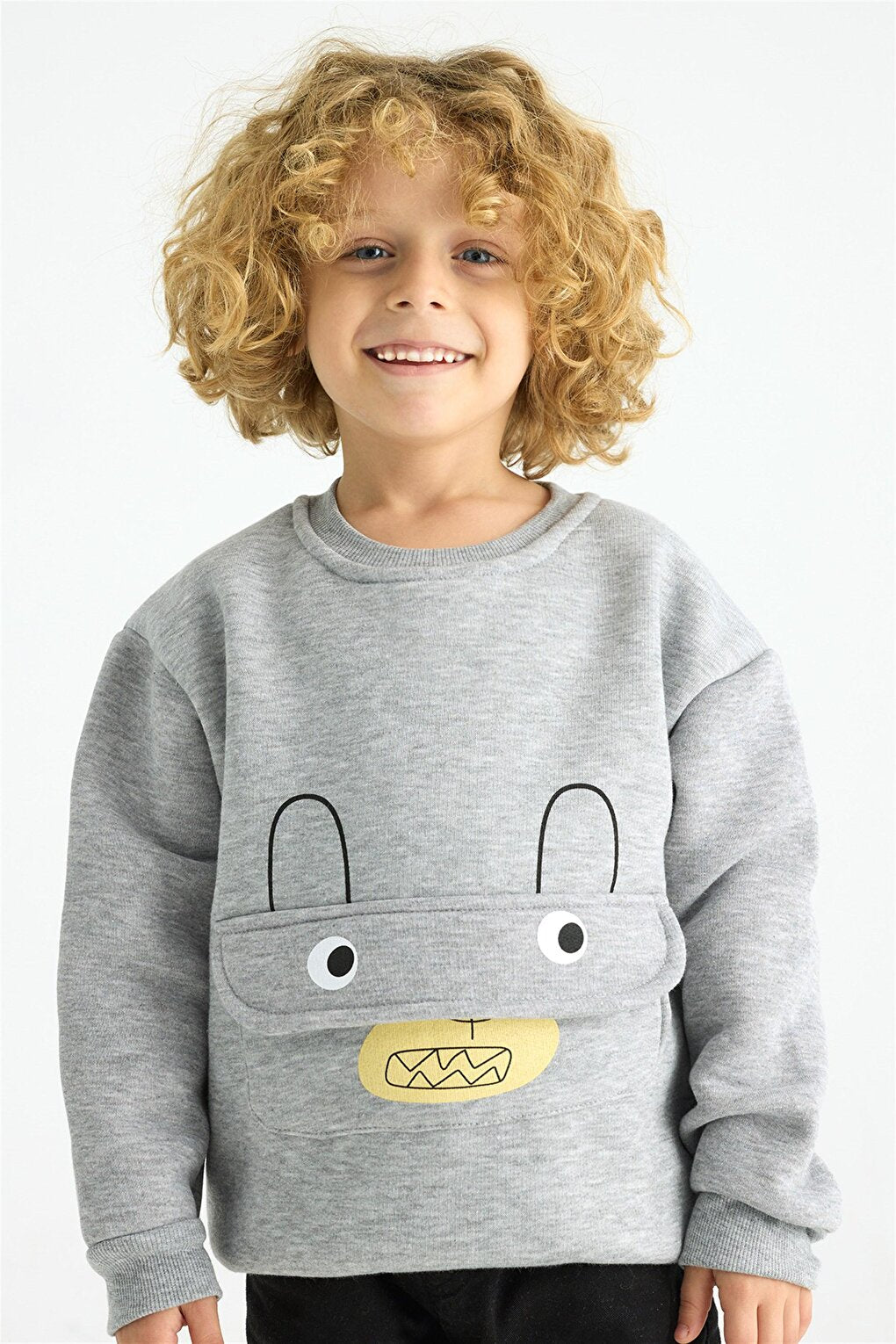 Children's Gray Colored Kangaroo Pocket Bear Detailed Sweatshirt