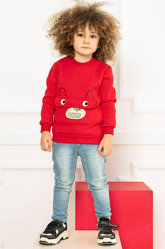 Children's Red Colored Kangaroo Pocket Bear Detailed Sweatshirt