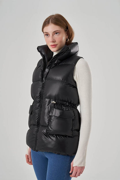 Puffy Black Vest with Drawstring on the Side