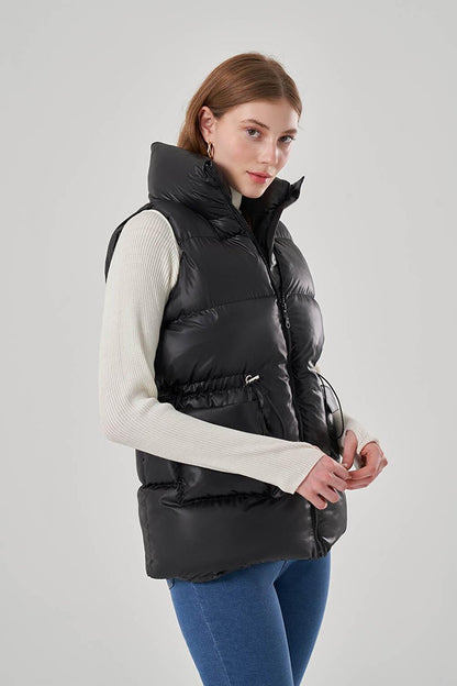 Puffy Black Vest with Drawstring on the Side