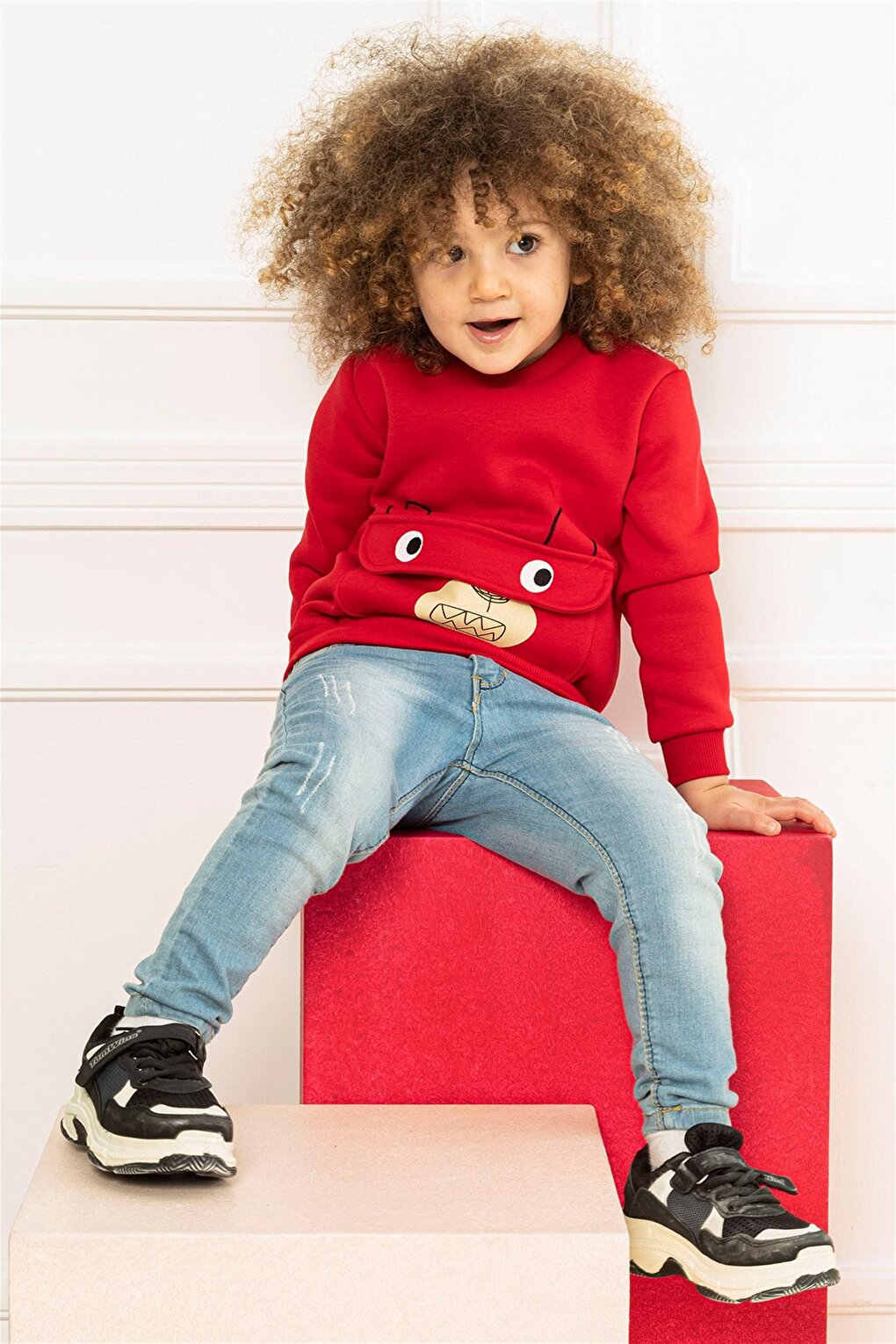 Children's Red Colored Kangaroo Pocket Bear Detailed Sweatshirt