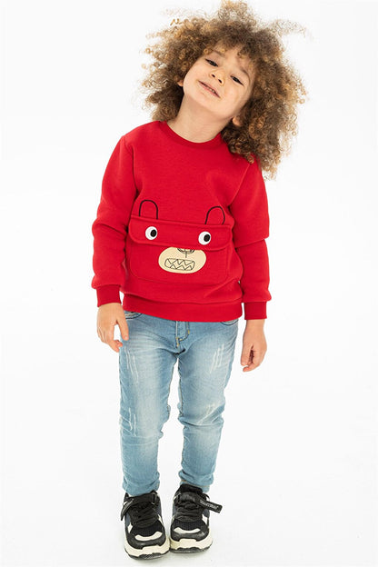 Children's Red Colored Kangaroo Pocket Bear Detailed Sweatshirt