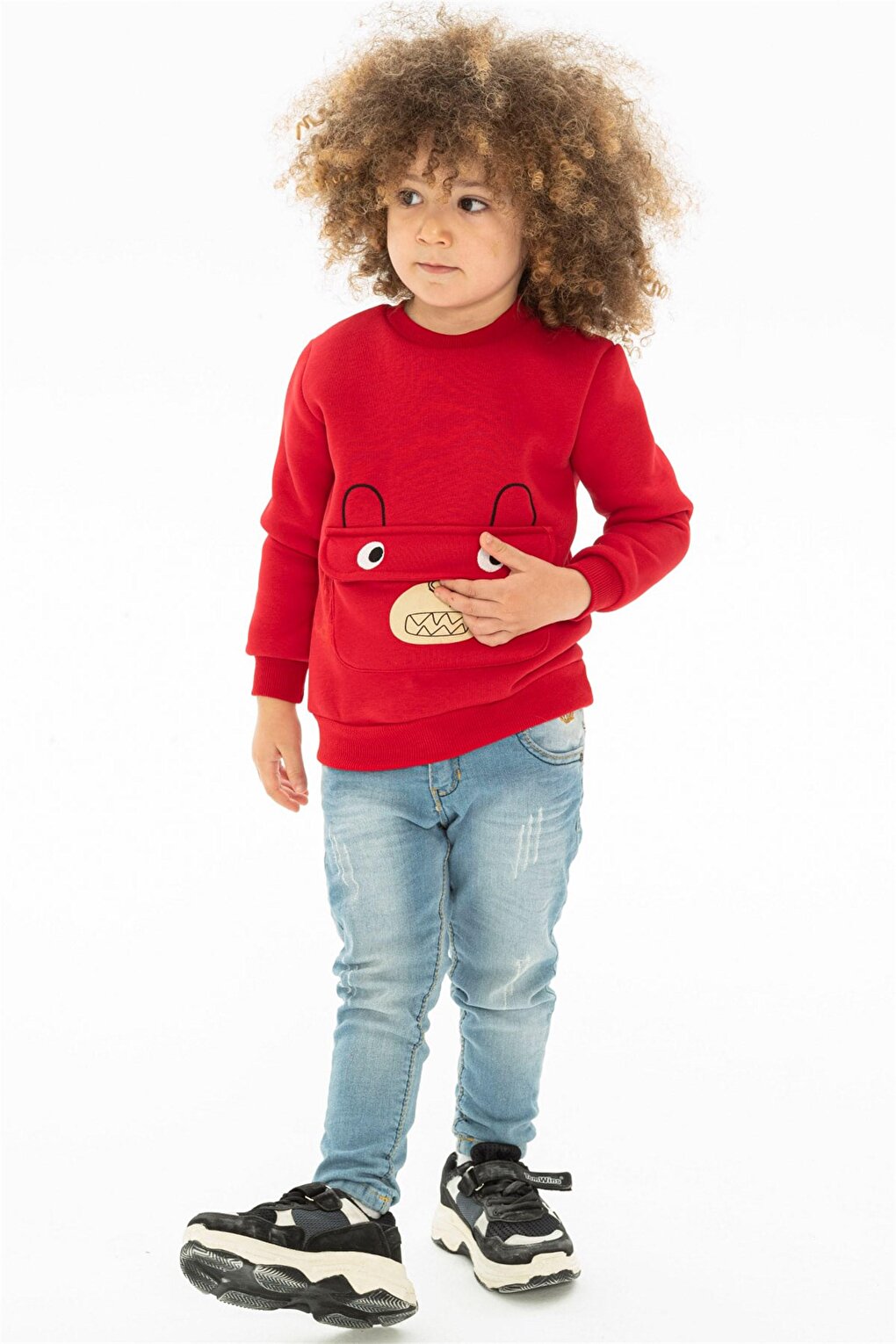 Children's Red Colored Kangaroo Pocket Bear Detailed Sweatshirt